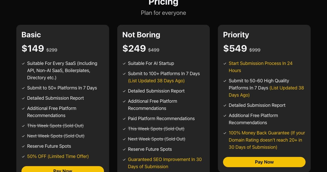 BoringLaunch pricing on October 13, 2026: Basic $149 for 50+ platforms in 7 days, Not Boring $249 for 100+ and Priority $549 with a money back guarantee if Domain Rating does not reach 20+ in 30 days