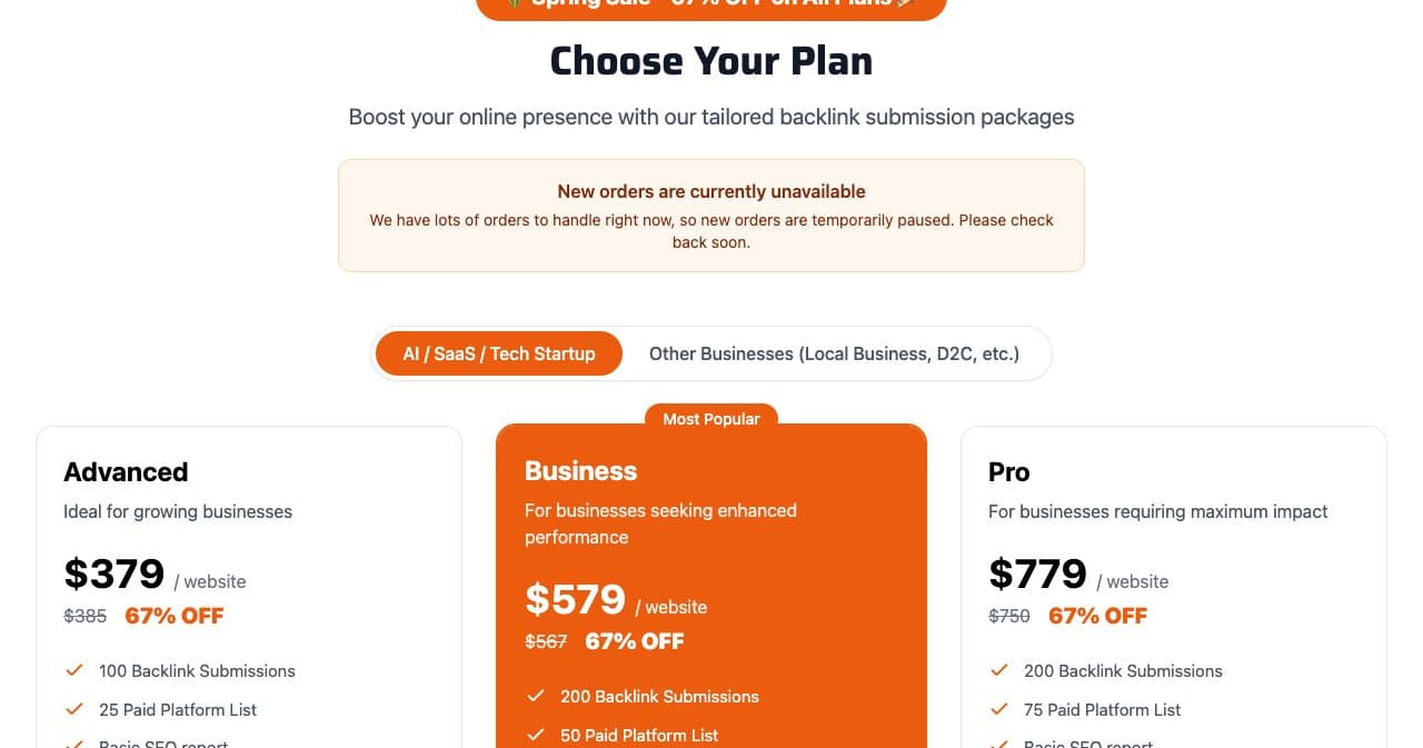 GetMoreBacklinks pricing on October 13, 2026 with a notice reading New orders are currently unavailable, above plans at $379, $579 and $779 per website