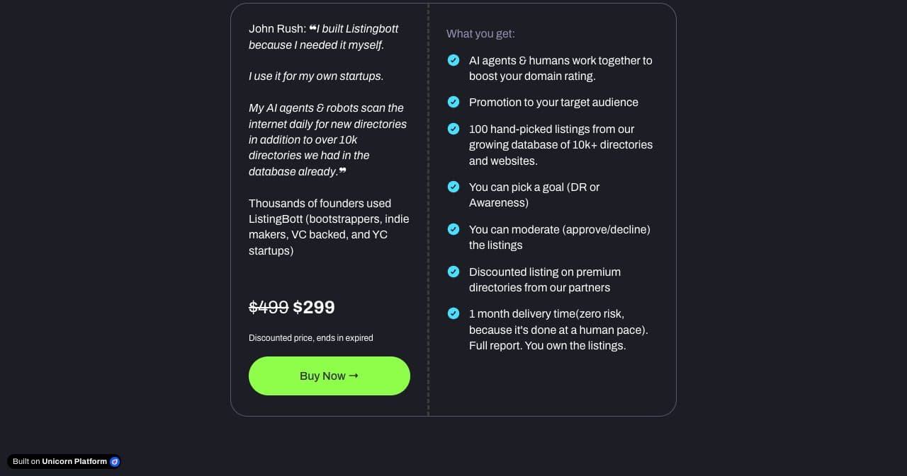 ListingBott offer on October 13, 2026: $299 next to a struck $499 for 100 hand-picked listings from a database of 10k+ directories, with a one month delivery time and a full report