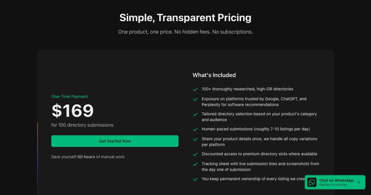 List My Site pricing on October 13, 2026: a one-time payment of $169 for 100 directory submissions, paced at roughly 7 to 10 listings a day, with a tracking sheet of live links and screenshots