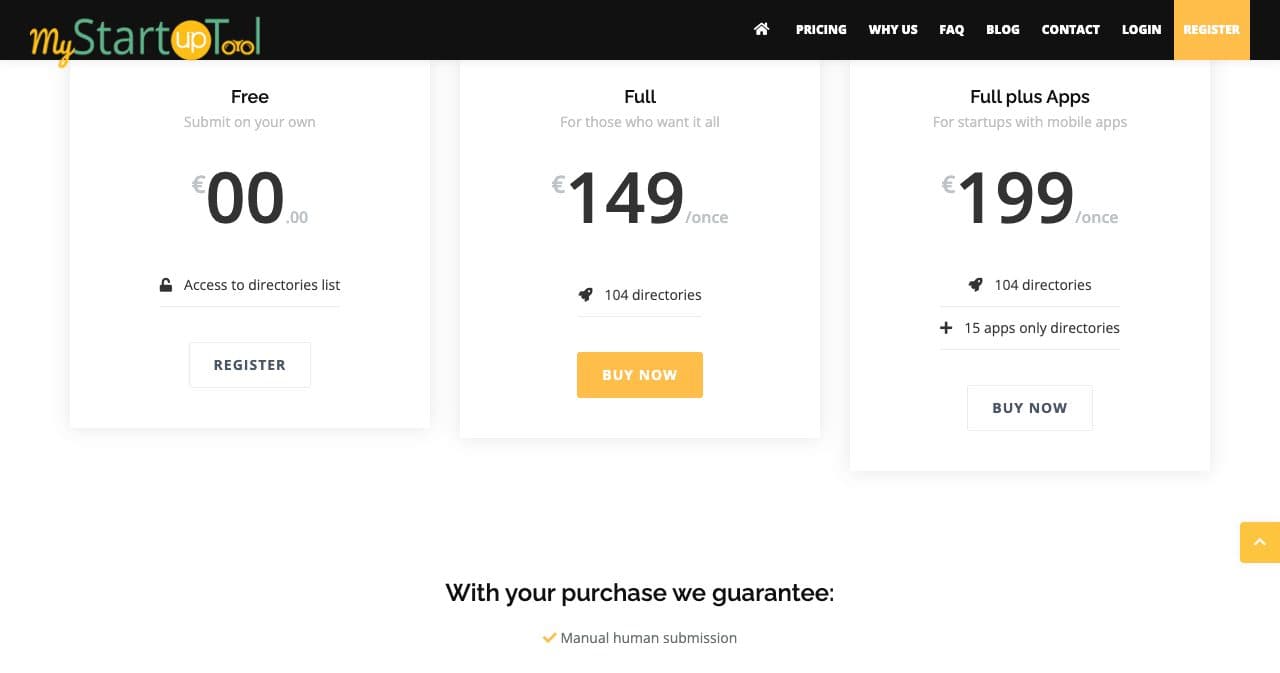 myStartupTool pricing on October 13, 2026: Free with access to the directories list, Full at €149 for 104 directories and Full plus Apps at €199 with 15 app-only directories