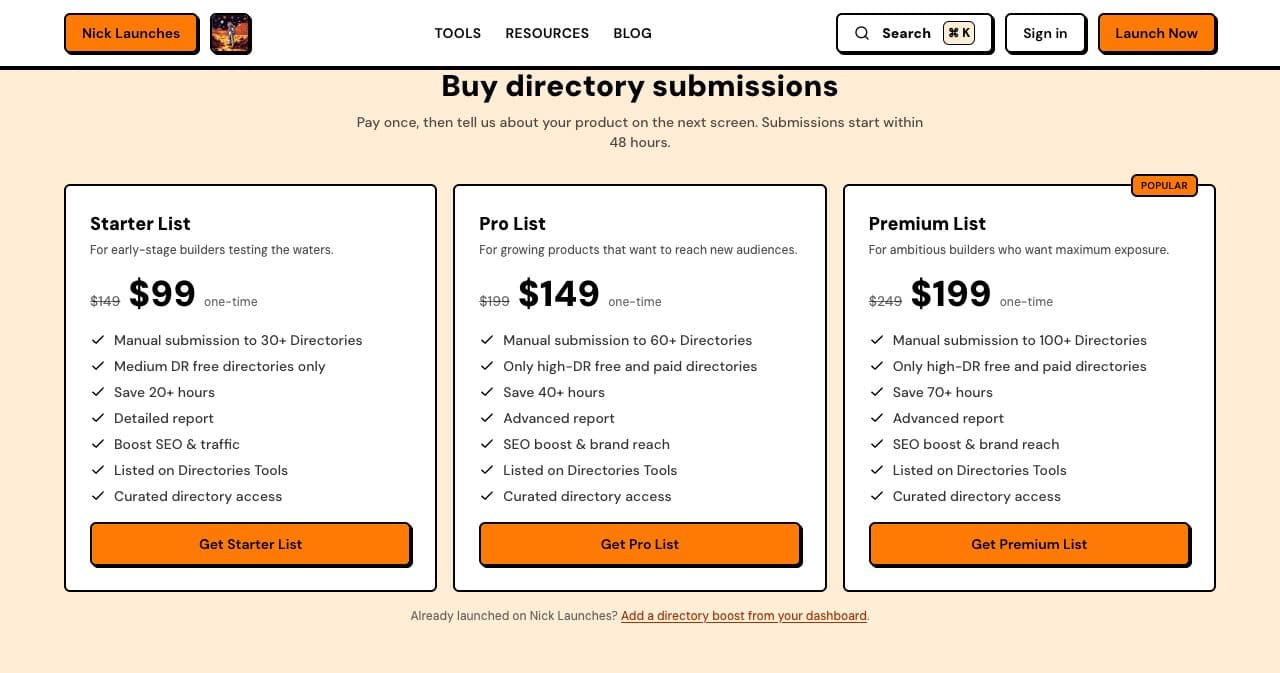 Nick Launches directory submission pricing on October 13, 2026: Starter List $99 for 30+ directories, Pro List $149 for 60+ and Premium List $199 for 100+, with submissions starting within 48 hours