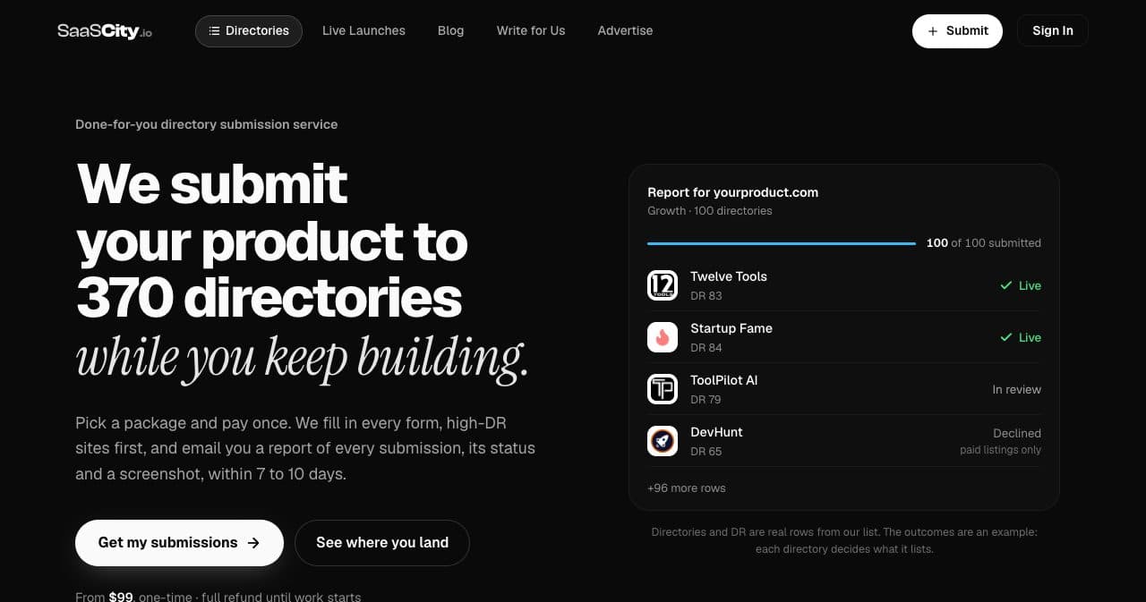 The SaaSCity directory submission service page on October 13, 2026, with an example report listing directories by Domain Rating and the status of each submission: live, in review or declined