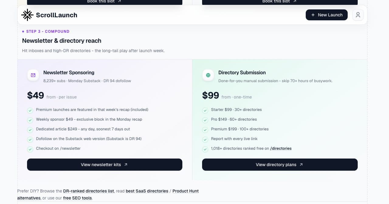 ScrollLaunch pricing page on October 13, 2026, with its Directory Submission card: Starter $99 for 30+ directories, Pro $149 for 60+ and Premium $199 for 100+, and a report with every live link