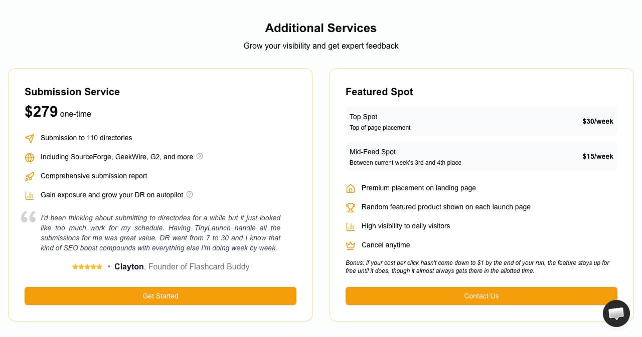 TinyLaunch pricing on October 13, 2026: a Submission Service at $279 one-time for 110 directories including SourceForge, GeekWire and G2, with a comprehensive submission report