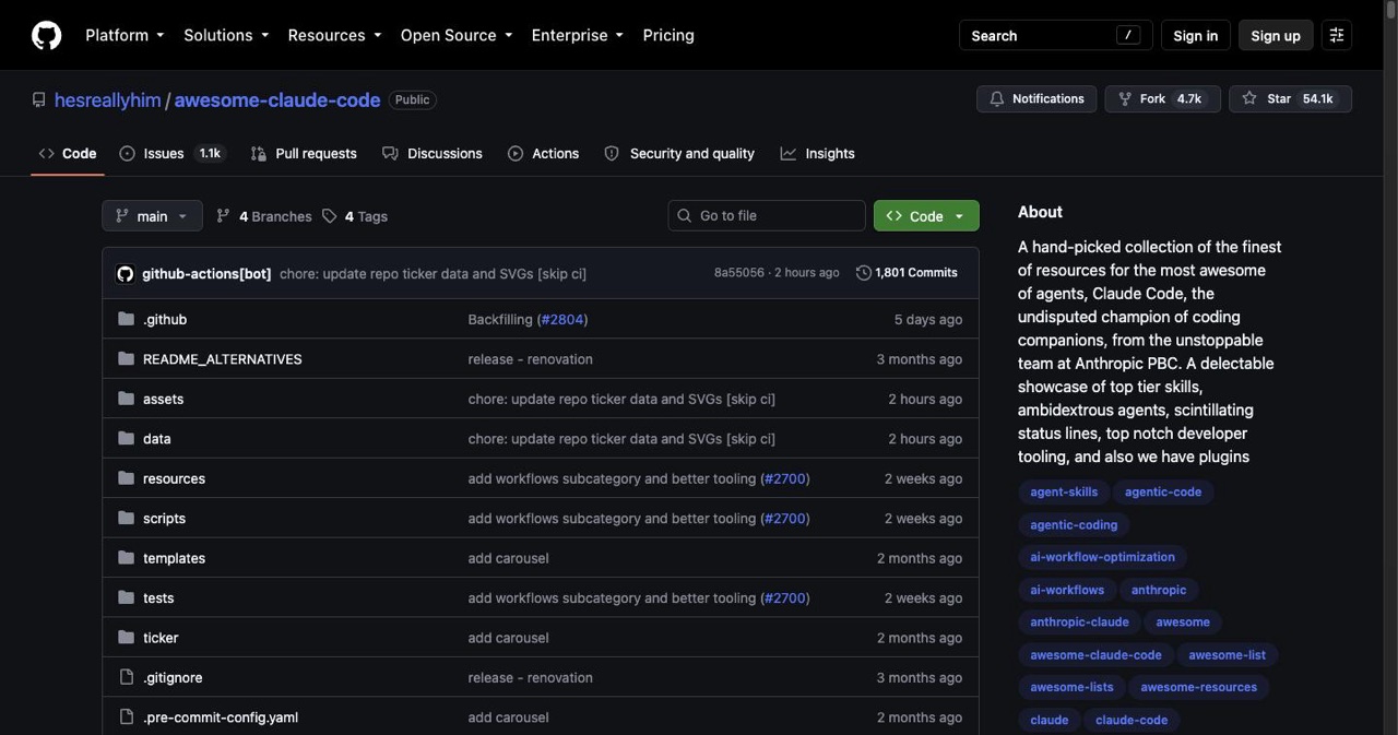 GitHub repository page for hesreallyhim/awesome-claude-code, a curated collection of Claude Code patterns, hooks and slash commands with roughly 47,000 stars listed as a resource here