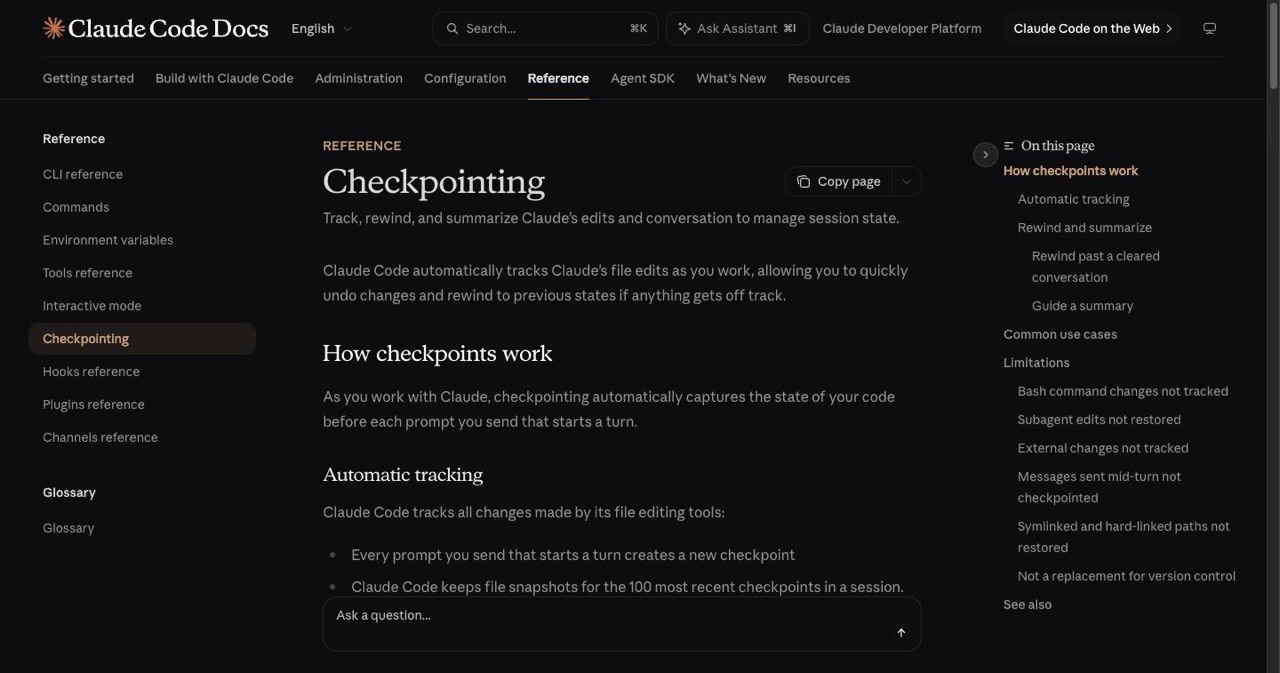 Claude Code checkpointing documentation explaining how the rewind menu restores both code and conversation to an earlier point, the feature behind the double-Esc context hygiene tip