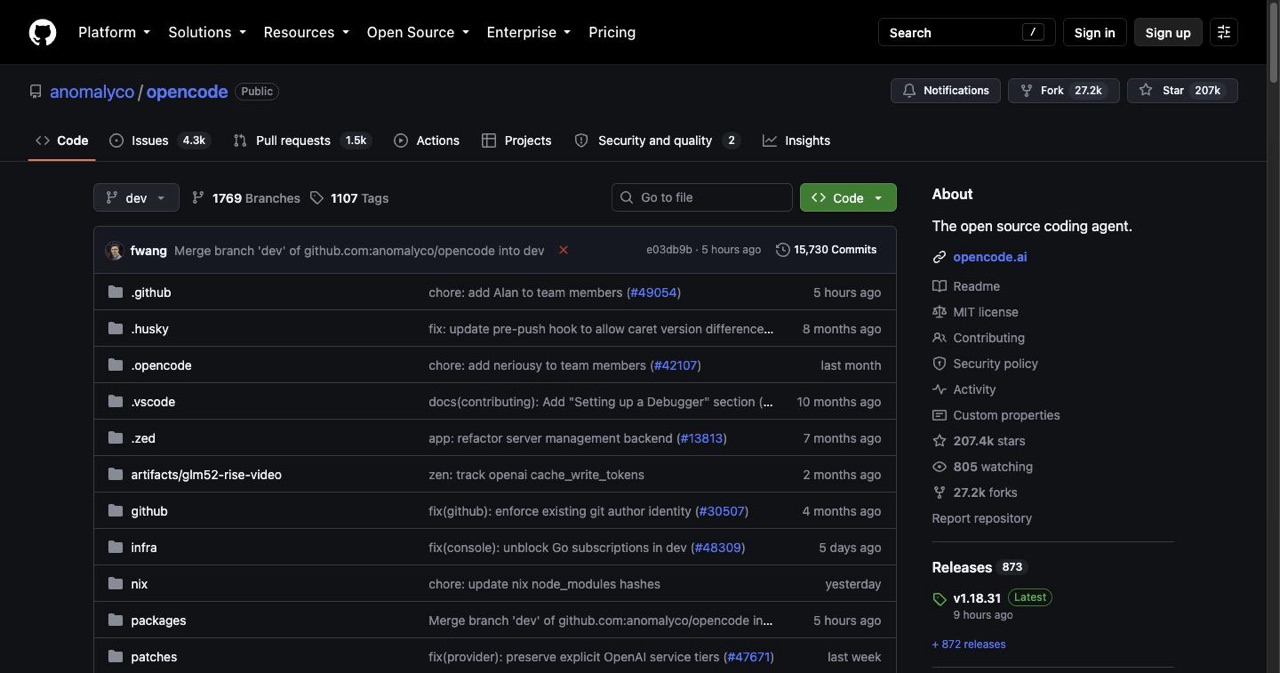 GitHub repository page for anomalyco/opencode, the MIT-licensed terminal coding agent that passed 167,000 stars in three months and connects to 75+ LLM providers including local Ollama models.