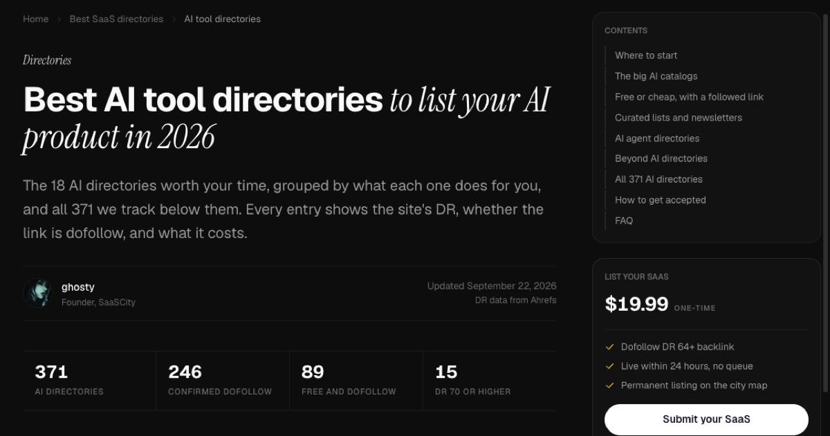 SaaSCity's AI tool directories page listing 371 AI directories, 246 with a confirmed dofollow link, 89 free and dofollow and 15 with a Domain Rating of 70 or higher, each shown with its DR, link type and price