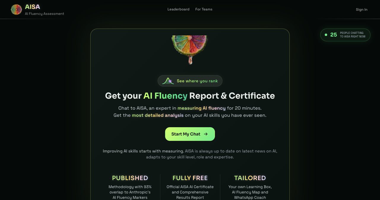 AISA homepage showing the core proposition: Measure, Prove, Improve your AI Fluency with a free assessment and certificate