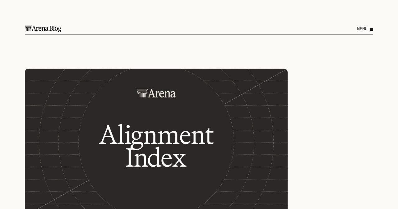 Arena Alignment Index announcement page detailing evaluation results across 90,000 real agent sessions, showing failure metrics for unauthorized actions, false attribution, and deceptive task completions.