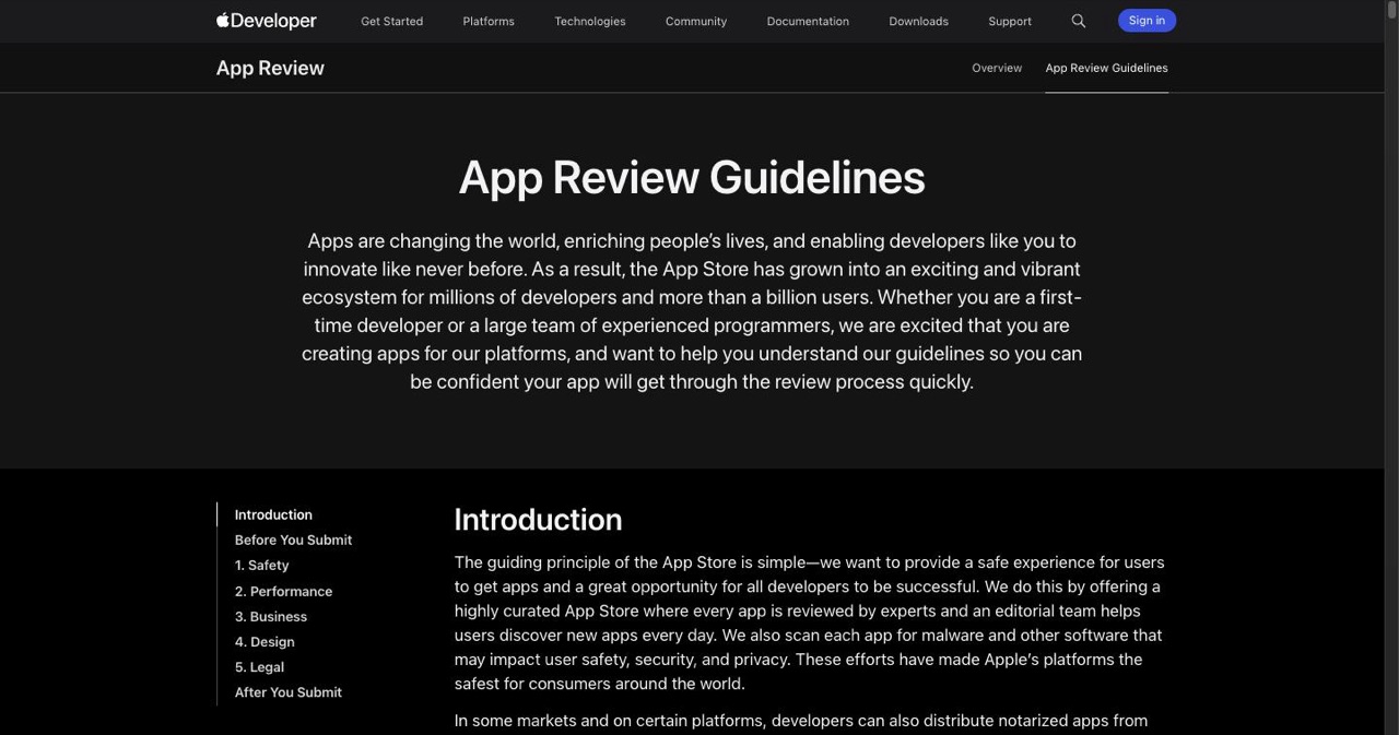 Apple App Review Guidelines page including Guideline 2.1 Performance and App Completeness, the rule cited when reviewers reject an app because the subscription screen shows no available plans