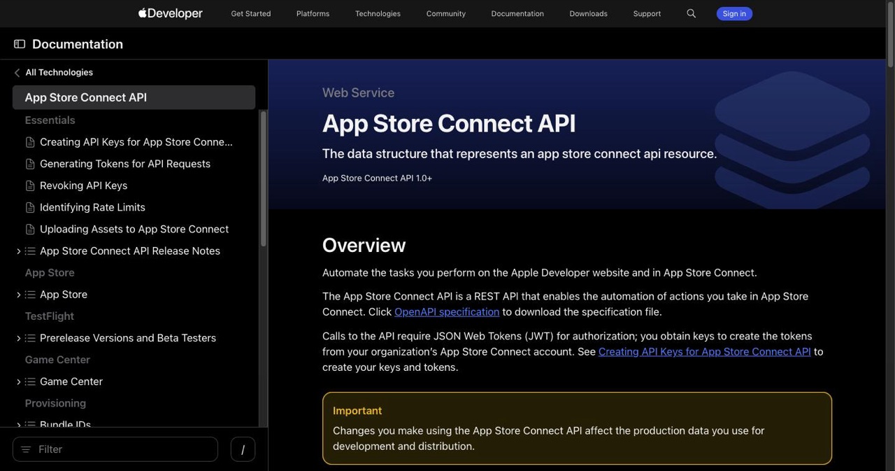 App Store Connect API documentation listing endpoints for in-app purchases, subscriptions, pricing and review submissions, the programmatic path that bypasses the hidden linking control in the web dashboard