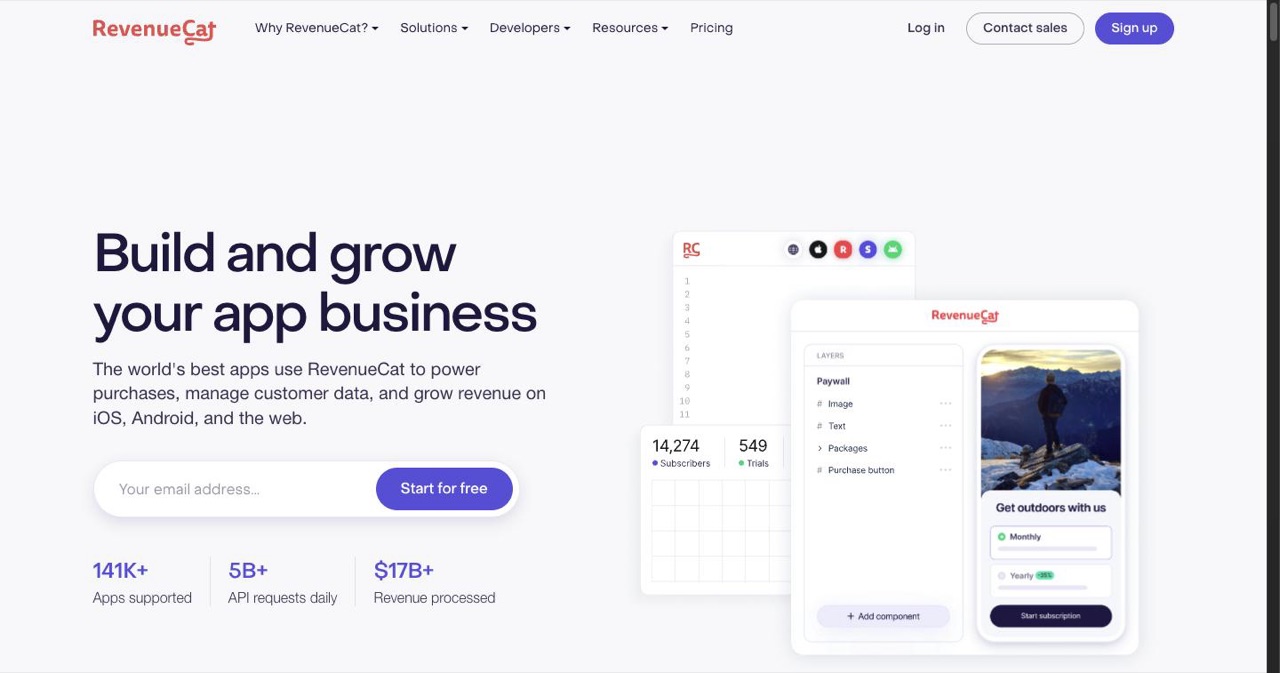 RevenueCat homepage showing its in-app subscription infrastructure with entitlements and offerings, the layer that silently breaks a paywall when a replacement product ID is not propagated