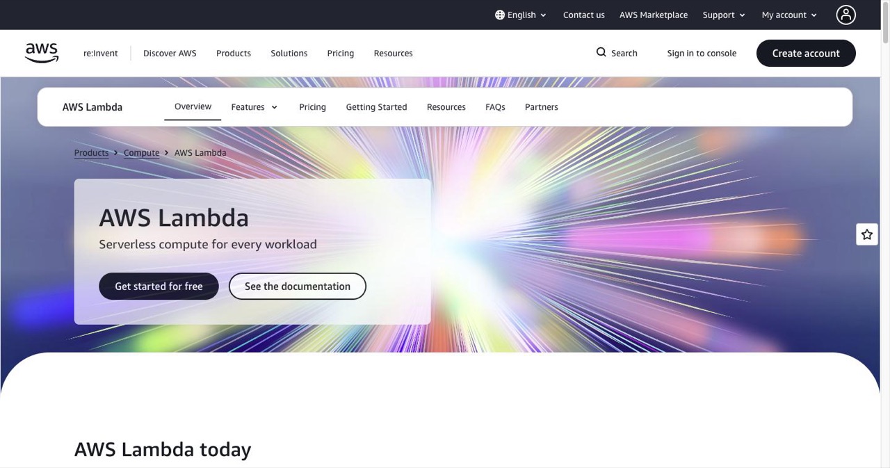AWS Lambda product page showing the serverless compute service that now hosts Lambda MicroVMs, the primitive announced June 22, 2026 for running AI-generated code in isolated stateful sandboxes.