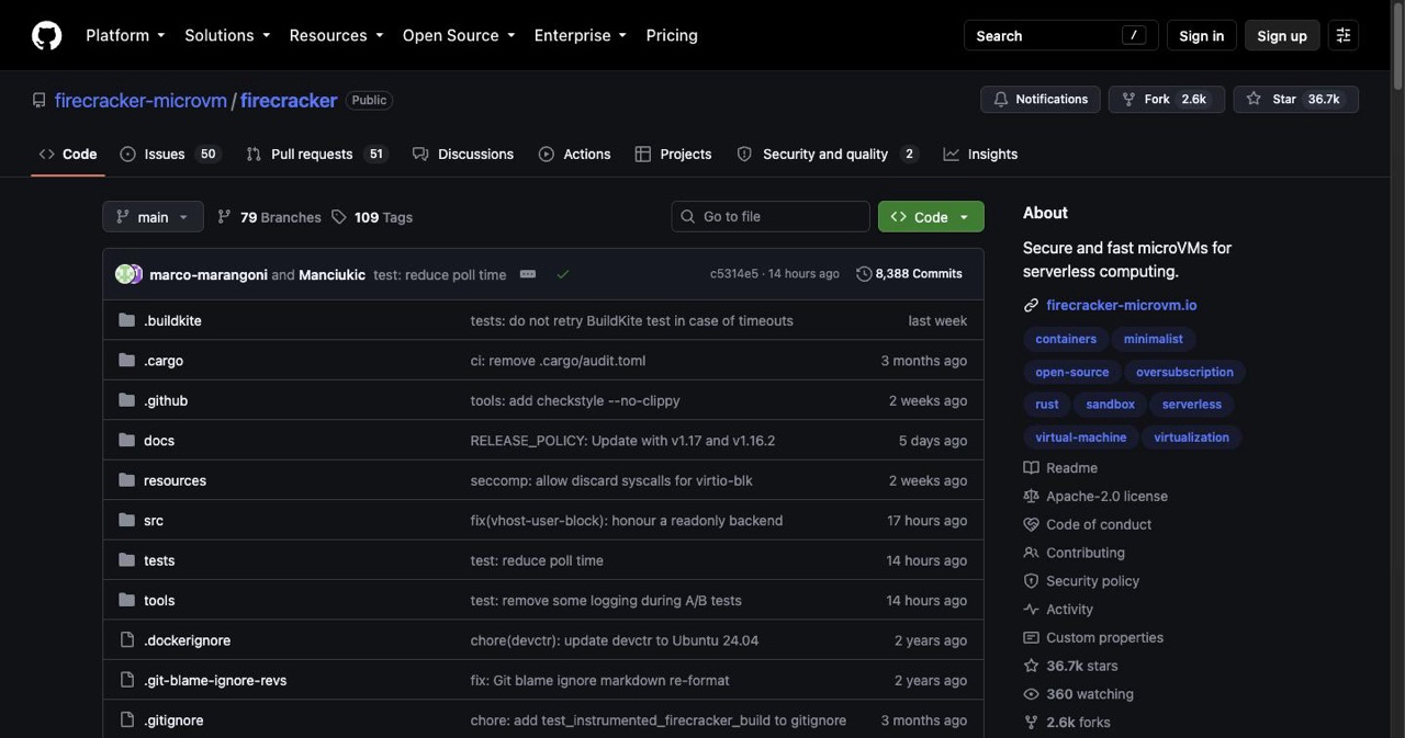 GitHub repository for firecracker-microvm/firecracker, the open-source virtual machine monitor AWS built for secure multi-tenant container and function workloads.