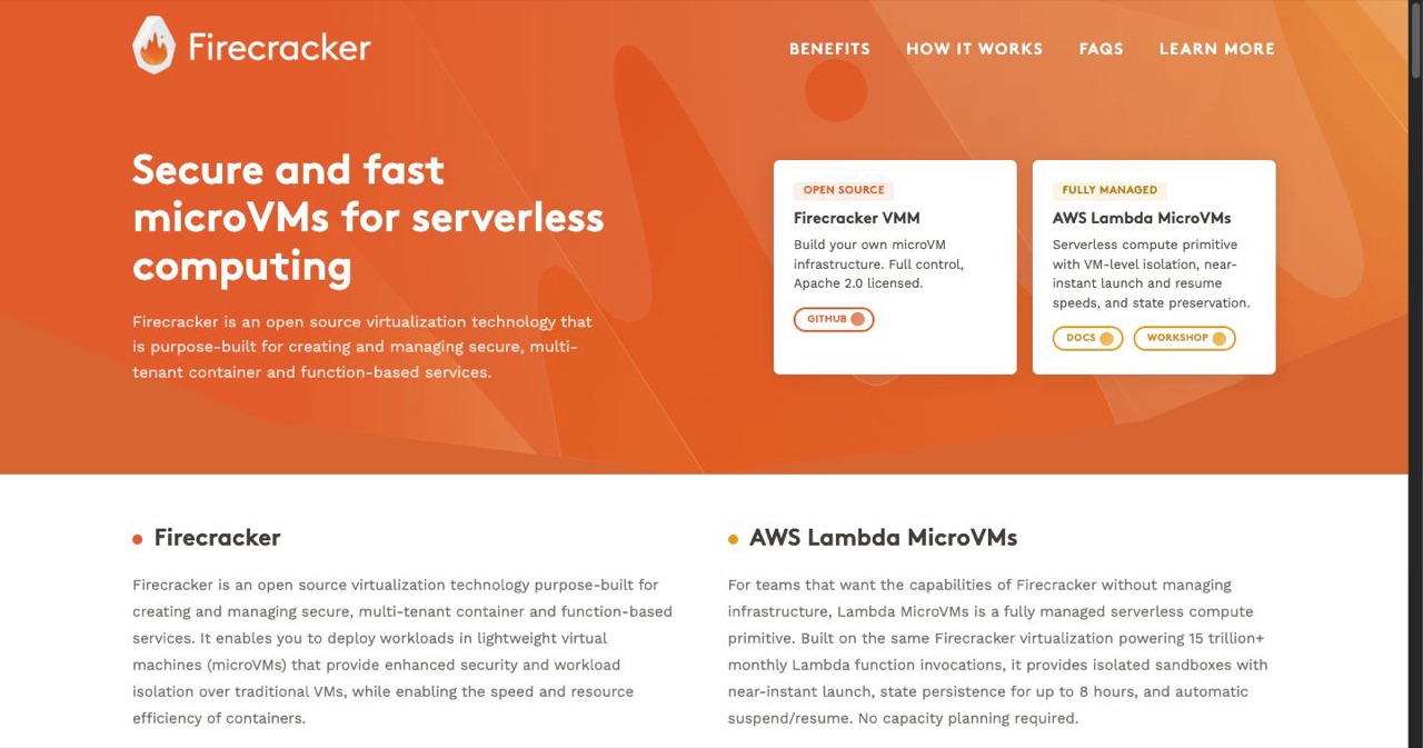Firecracker microVM project site describing the lightweight virtualization technology that already carries Lambda's 15 trillion monthly invocations.