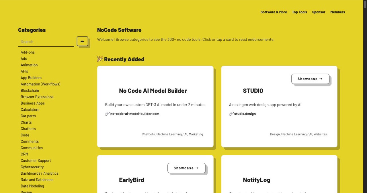 NoCodeList homepage showing its searchable catalogue of no-code tools grouped by category, the free Tier 1 no-code directory the post says can rank a listing for category queries within weeks.