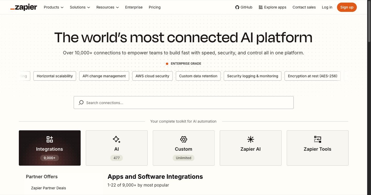 Zapier App Directory page listing thousands of integrated apps with search and category filters, the free high-reach marketplace the post recommends for automation and no-code tools.