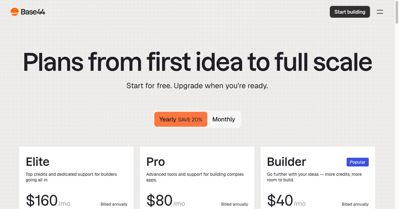 Base44 pricing page headlined 'Plans from first idea to full scale' showing Elite at $160, Pro at $80 and Builder at $40 per month, billed annually