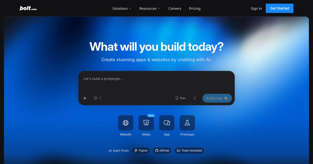 Bolt.new homepage asking 'What will you build today?' with a prompt box reading 'Let's build a prototype...' and options to start from Website, Slides, App, Prototype, Figma or GitHub