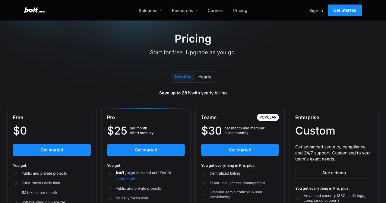 Bolt.new pricing page showing Free at $0 with a 300K daily and 1M monthly token limit, Pro at $25 per month, Teams at $30 per member and custom Enterprise pricing