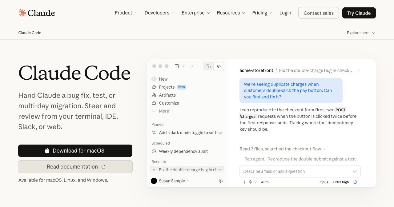 Claude Code product page describing it as a tool to 'hand Claude a bug fix, test, or multi-day migration' and steer it from the terminal, IDE, Slack or web, available for macOS, Linux and Windows