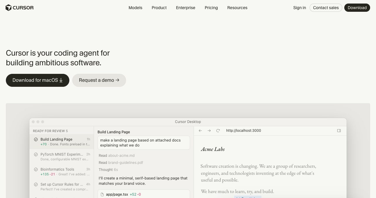 Cursor homepage reading 'Cursor is your coding agent for building ambitious software' with a desktop app window showing agent tasks ready for review next to a live localhost preview