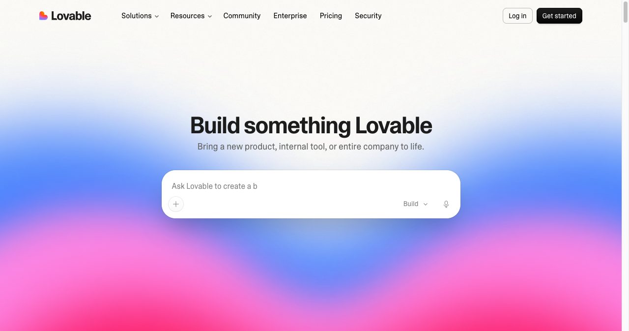 Lovable homepage with the headline 'Build something Lovable', the line 'Bring a new product, internal tool, or entire company to life' and a single prompt box