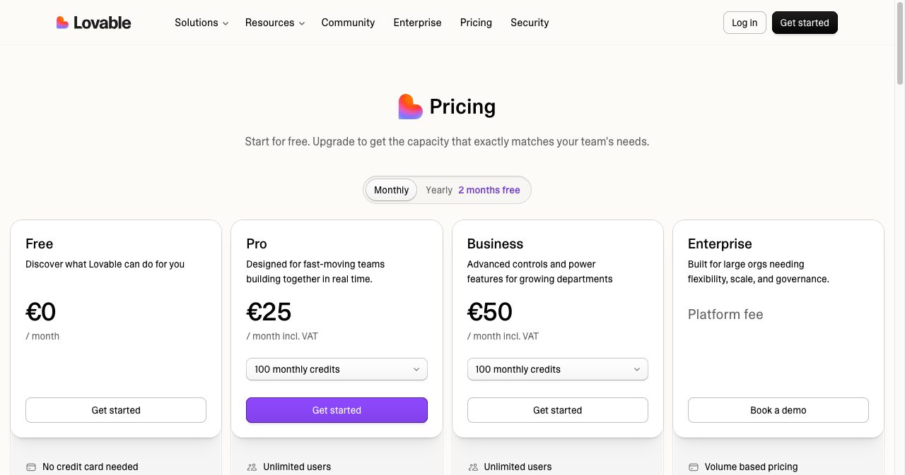 Lovable pricing page showing Free at 0, Pro at 25 per month with 100 monthly credits, Business at 50 per month and Enterprise with a platform fee