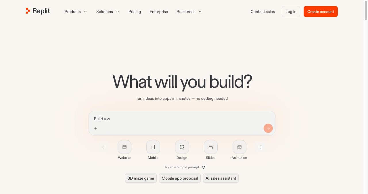 Replit homepage asking 'What will you build?' with the line 'Turn ideas into apps in minutes, no coding needed' and quick-start options for Website, Mobile, Design, Slides and Animation