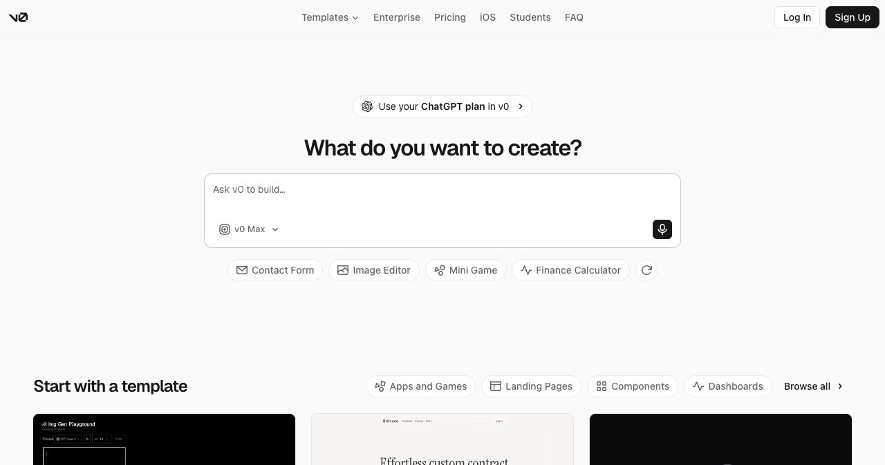 v0 homepage asking 'What do you want to create?' with an 'Ask v0 to build' prompt box and templates for apps, landing pages, components and dashboards