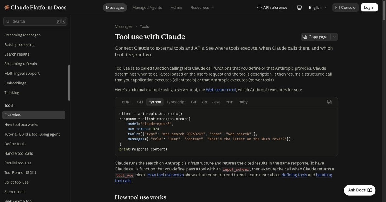 Anthropic's official tool use documentation for the Claude API, showing how tool schemas and input parameters are defined, the layer newer Claude models append invented fields to
