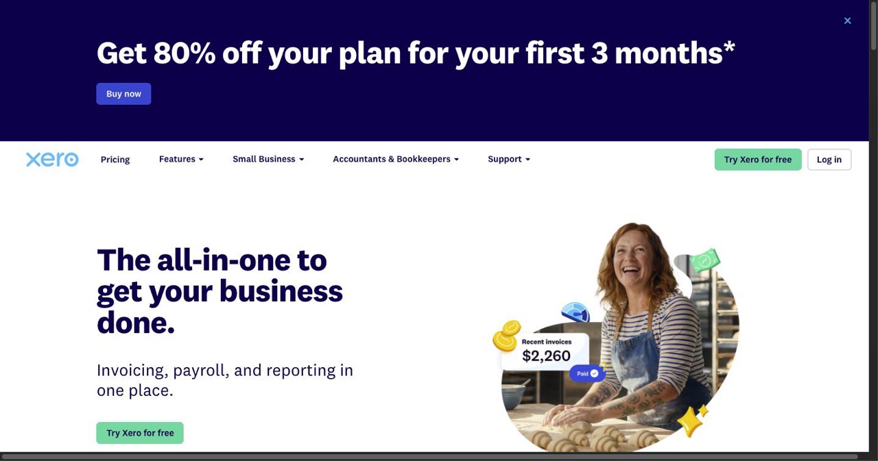 The Xero accounting software homepage, one of the two accounting destinations named in the post that e-receipt extractors push parsed receipt line items into alongside QuickBooks