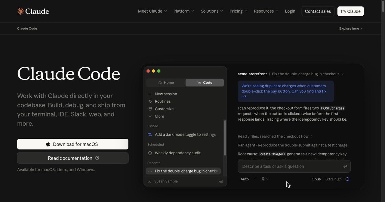 Anthropic's Claude Code product page describing the terminal-native coding agent, how it reads a codebase and edits files across a project, and where to download it for macOS, Linux and Windows.
