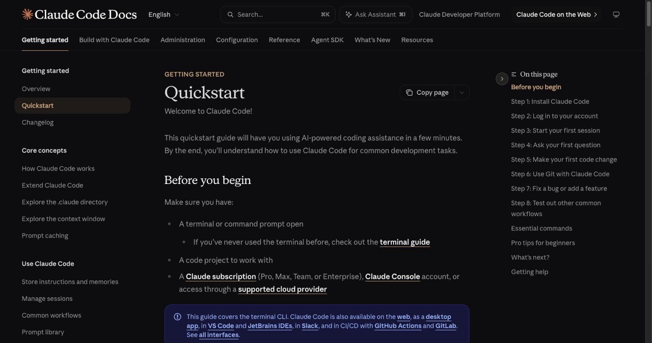 The official Claude Code quickstart documentation page at code.claude.com, showing the install commands, system requirements matrix, and the first steps for starting a session in a project folder.