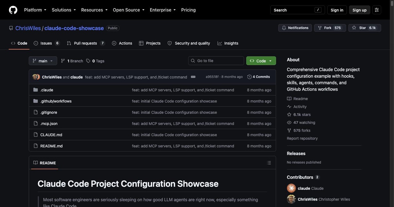 GitHub repository page for ChrisWiles/claude-code-showcase, the production-ready Claude Code project template showing the CLAUDE.md file, the .claude folder with skills, agents, commands and hooks, plus the star count