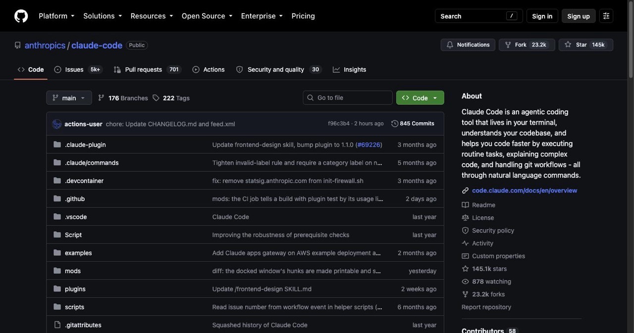 GitHub repository page for anthropics/claude-code, the official terminal-native coding agent, showing the star count and the README explaining its plugins, skills and MCP support