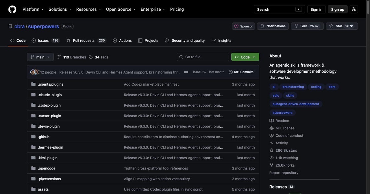 GitHub page for obra/superpowers, the Claude Code agentic framework, with a README describing enforced test-driven development, subagent-driven development and planning and review gates