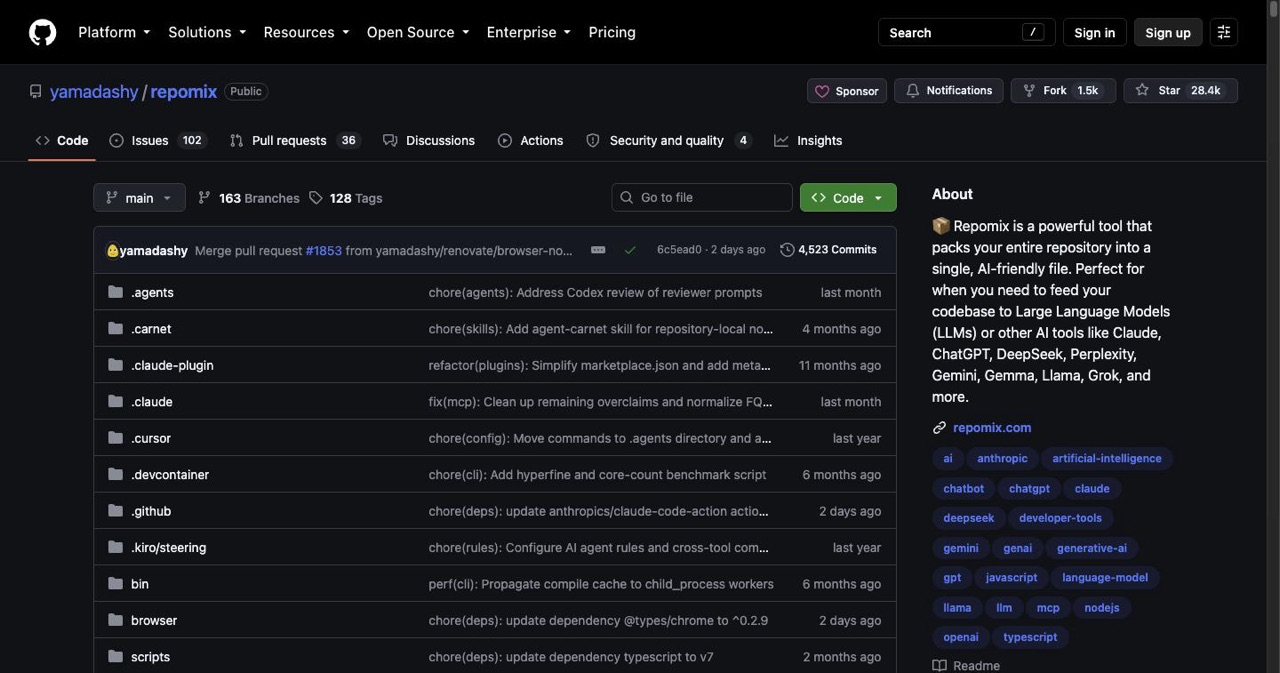 GitHub page for yamadashy/repomix showing the tool that packs an entire or filtered codebase into a single token-optimized file for AI context, with its remote repo and ignore patterns