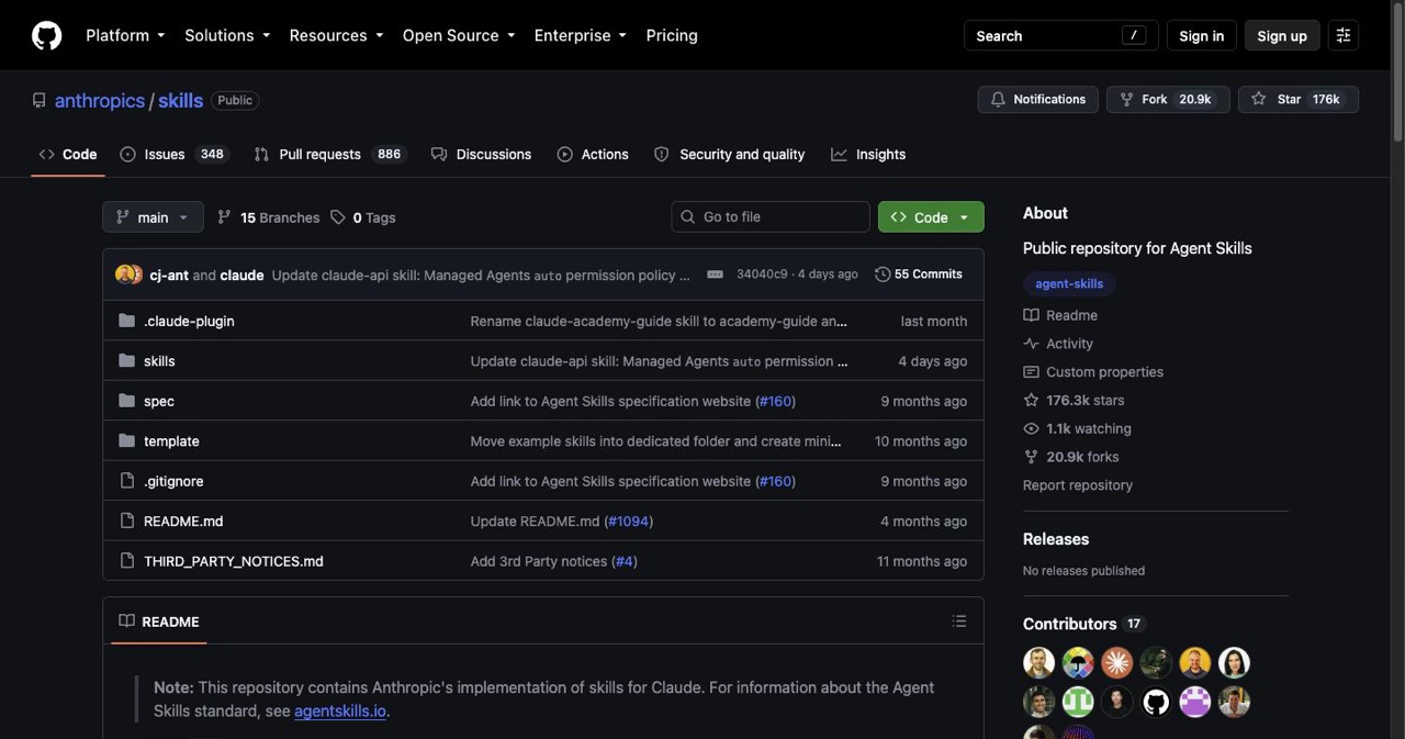 GitHub repository page for anthropics/skills, Anthropic's official Claude Code skills collection including document handling and frontend design skills, showing the SKILL.md folder layout and star count