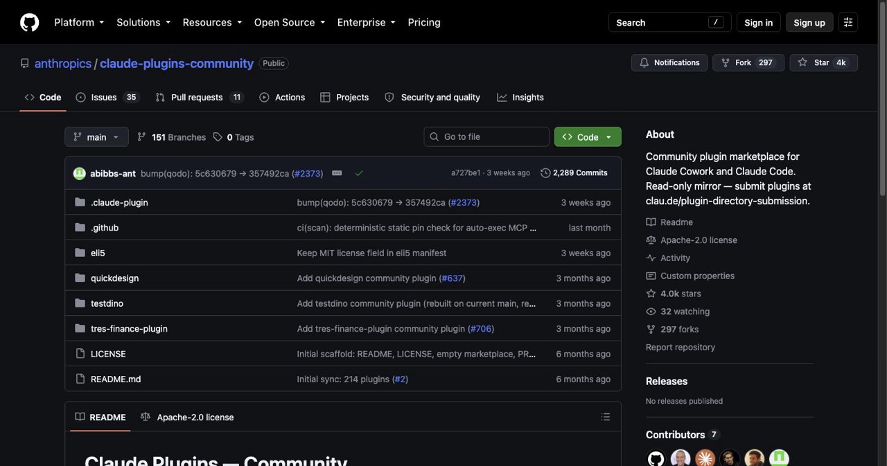 GitHub page for the anthropics/claude-plugins-community marketplace, the public Claude Code plugin marketplace that community plugins land in after automated safety screening, with its README install instructions visible