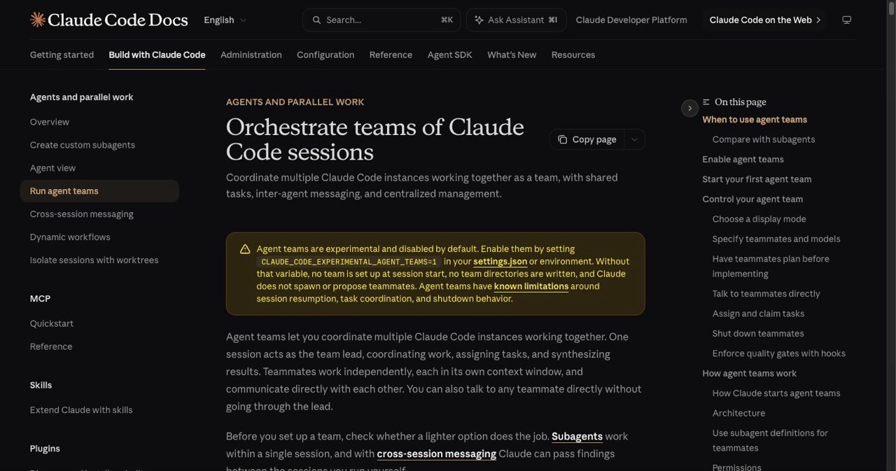 Official Claude Code agent teams documentation page explaining peer sessions that communicate with each other rather than reporting up to a parent, the heaviest of the three multi-agent tiers