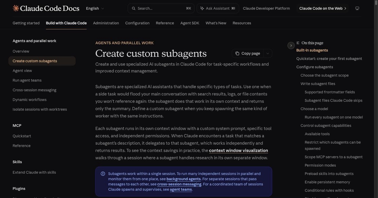 Official Claude Code subagents documentation page on code.claude.com, describing subagent context isolation, the .claude/agents Markdown definition with name, description, tools and model fields, and the /agents command