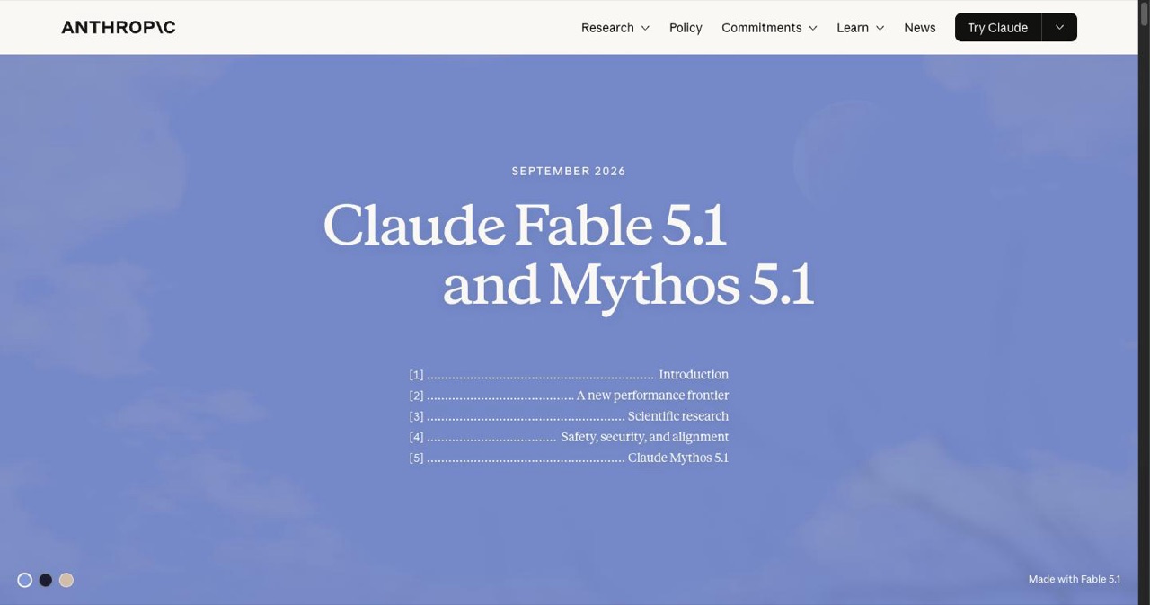 Anthropic's official Claude Fable 5.1 and Mythos 5.1 announcement page, calling them the world's most advanced models for coding and knowledge work, with benchmark cards and the Made with Fable 5.1 mark