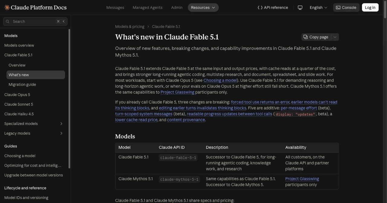 Anthropic platform documentation page listing what is new in Claude Fable 5.1, including the removal of forced tool use, model-bound thinking blocks, and adaptive-only thinking, the breaking changes migrating developers hit first