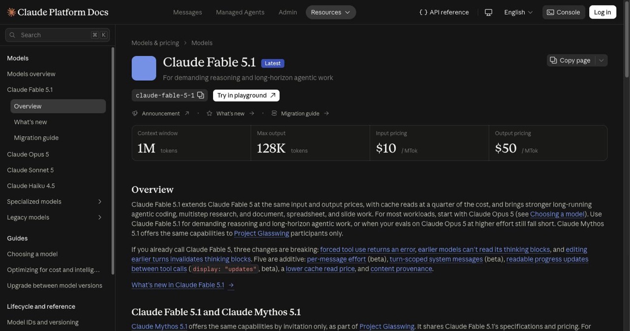 Claude Fable 5.1 model overview documentation showing the 1M token context window, 128K max output, June 2026 knowledge cutoff, and the $10 input and $50 output per million token pricing table