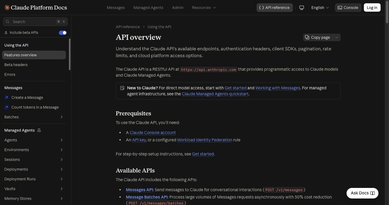 Anthropic's Claude API getting started documentation, the entry point developers use to call the claude-fable-5 model ID at $10 per million input and $50 per million output tokens