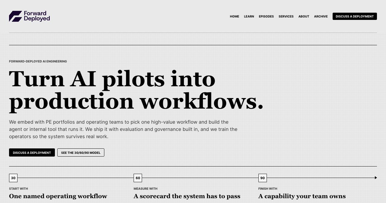 Forward Deployed's homepage headlined "Turn AI pilots into production workflows", showing a 30/60/90 model that starts with one named operating workflow, measures against a scorecard, and finishes with a capability the client's team owns.
