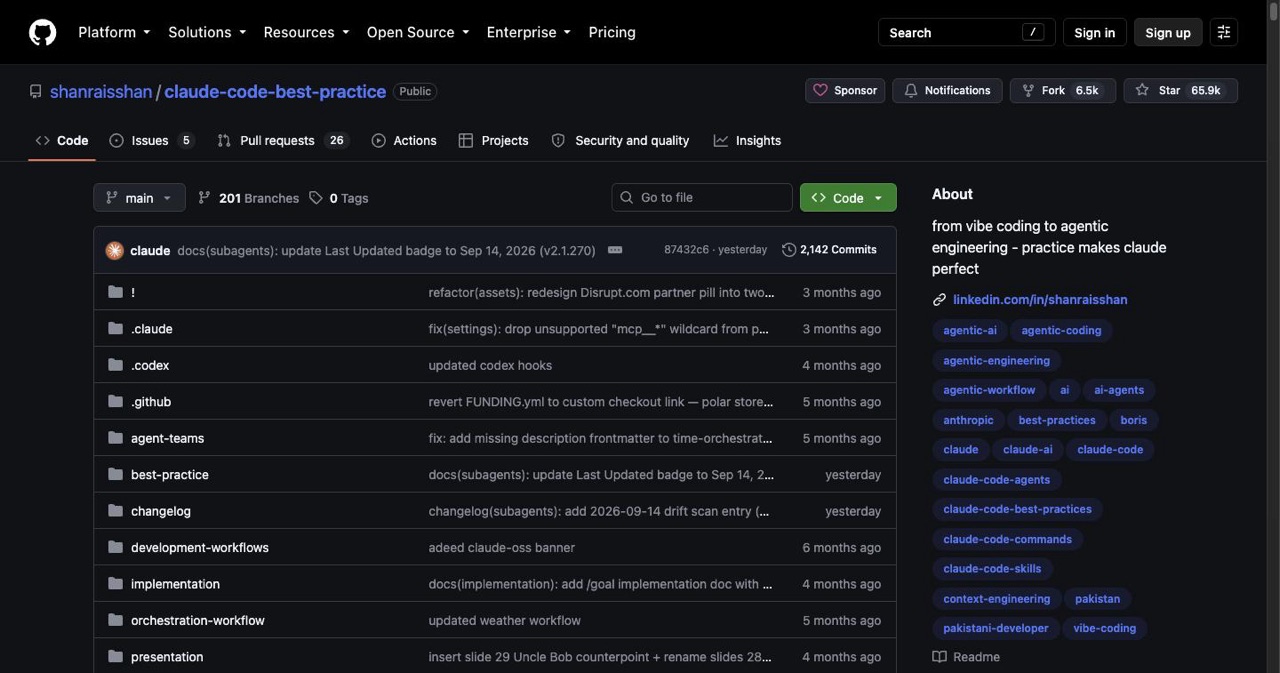 The shanraisshan/claude-code-best-practice GitHub repository, a meta-example repo of advanced Claude Code patterns and conventions the post recommends studying alongside the starter template